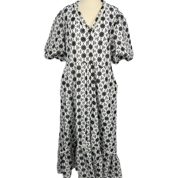 Karen Millen Plus Size 20 Contrast Cotton Broderie Belted Midi Dress Black White - Picture 2 of 15